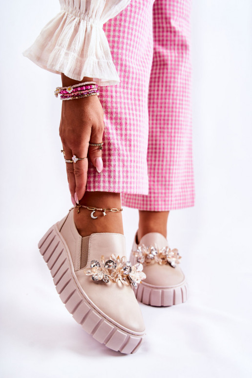Stilīgi sporta apavi no dabīgas ādas Slip-On ar ornamentiem smilšu krāsas Mirana