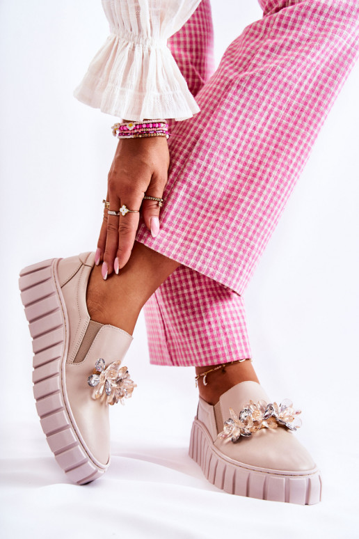 Stilīgi sporta apavi no dabīgas ādas Slip-On ar ornamentiem smilšu krāsas Mirana Stilīgi sporta apavi no dabīgas ādas Slip-On ar ornamentiem smilšu krāsas Mirana