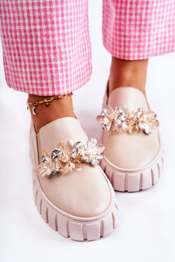 Stilīgi sporta apavi no dabīgas ādas Slip-On ar ornamentiem smilšu krāsas Mirana