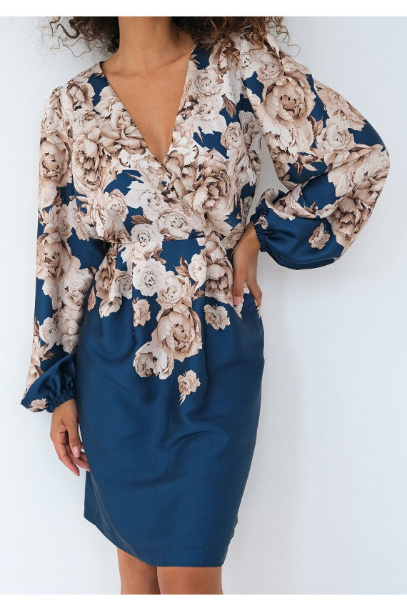 Noemi - mini kleita ar ziedu rakstiem tumši zilā krāsā