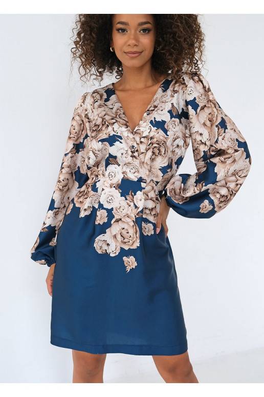 Noemi - mini kleita ar ziedu rakstiem tumši zilā krāsā Noemi - mini kleita ar ziedu rakstiem tumši zilā krāsā