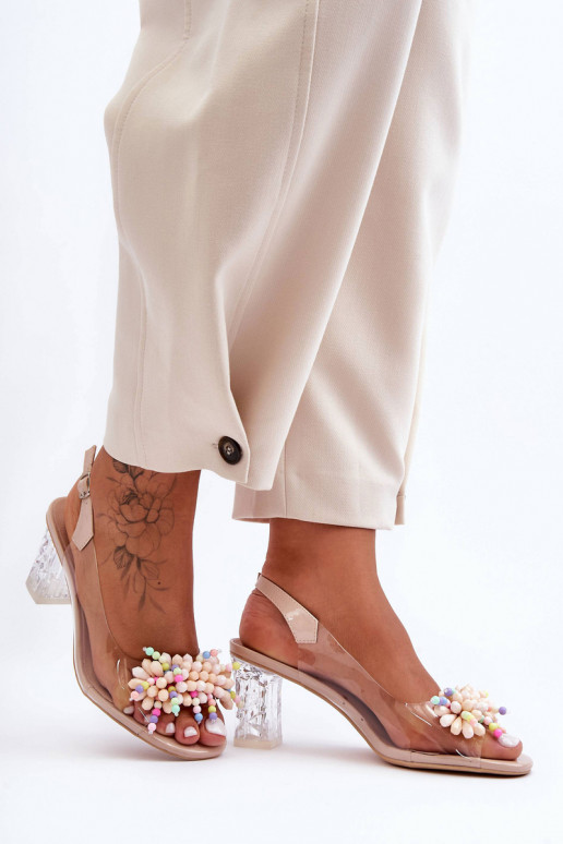 Dekorētas stilīgas sandales ar papēdi smilšu krāsas S.Barski MR1037-23