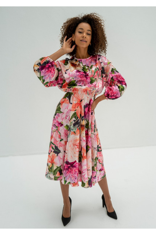 Elvire - Puķaini satīna midi kleita Elvire - Puķaini satīna midi kleita