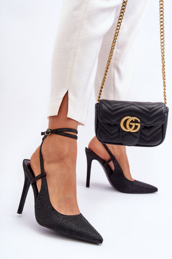 Klasiska modeļa augstpapēžu kurpes Dekorētas Cyrkoniami melnas krāsas Guda