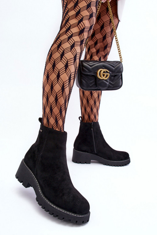 Sieviešu puszābaki zamšādas ar platiem papēžiem siltināti melnas krāsas Neafgi