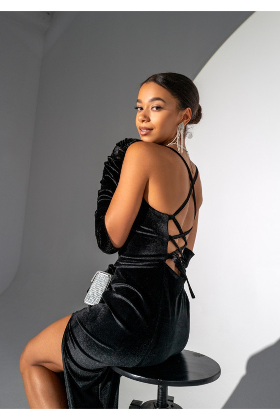 Seona - melna velveta MAXI kleita ar lencēm