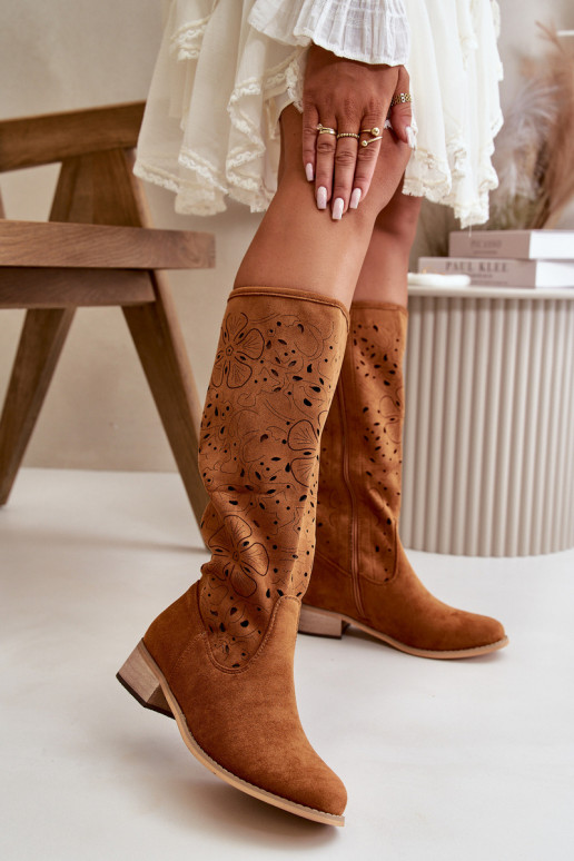 ar ažūra elementiem sieviešu garie zābaki zems papēdis no eko zamšādasowe Aizsprādzējamas Uz pili brūnas krāsas Orchides