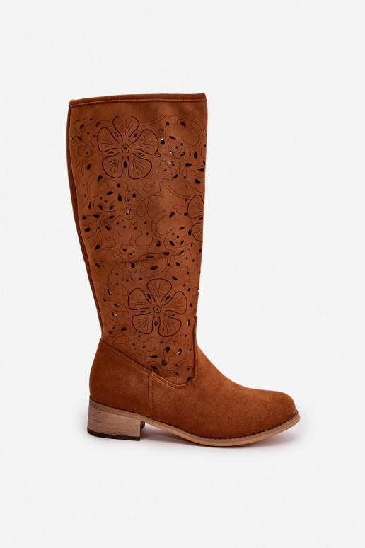 ar ažūra elementiem sieviešu garie zābaki zems papēdis no eko zamšādasowe Aizsprādzējamas Uz pili brūnas krāsas Orchides