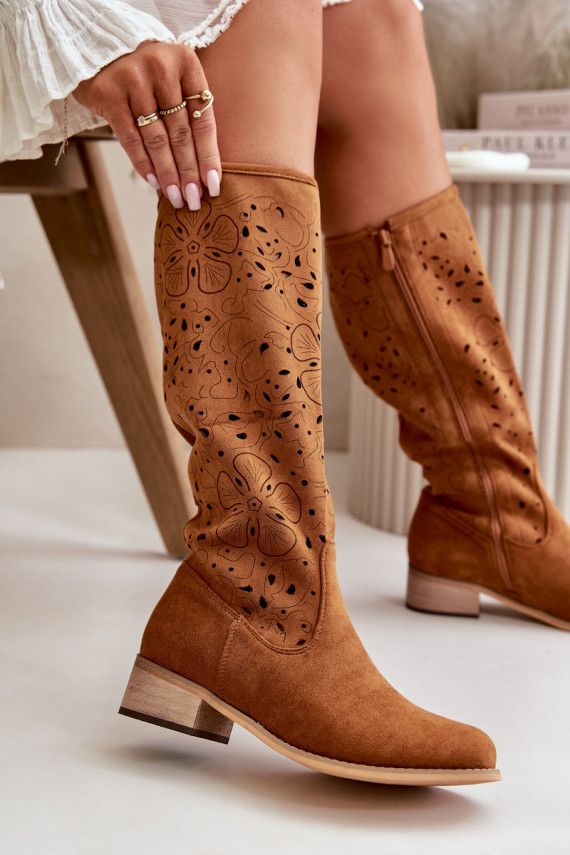 ar ažūra elementiem sieviešu garie zābaki zems papēdis no eko zamšādasowe Aizsprādzējamas Uz pili brūnas krāsas Orchides