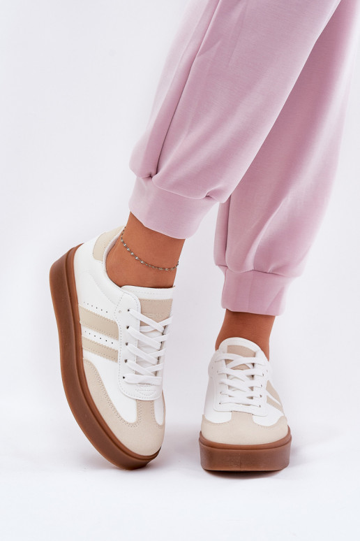 Sneakers modeļa apavi Sievišķīgs ar platformu no eko ādas smilšu krāsas-baltas krāsas Ediriella