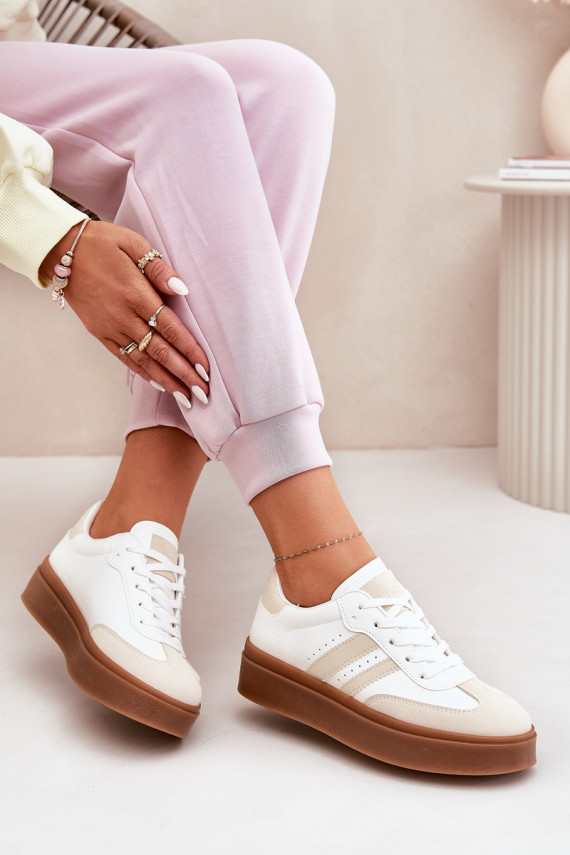 Sneakers modeļa apavi Sievišķīgs ar platformu no eko ādas smilšu krāsas-baltas krāsas Ediriella