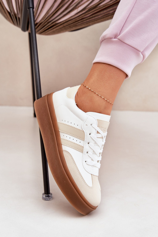 Sneakers modeļa apavi Sievišķīgs ar platformu no eko ādas smilšu krāsas-baltas krāsas Ediriella