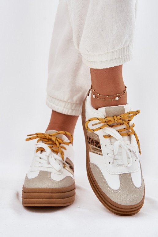 Sneakers modeļa apavi Sievišķīgs ar platformu Z Podwójnym Sašņorēšanam ar leoparda kažokādas rakstu baltas krāsas Niteria