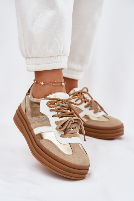 Sneakers modeļa apavi Sievišķīgs ar platformu Z Podwójnym Sašņorēšanam ar leoparda kažokādas rakstu Zelta krāsas Niteria
