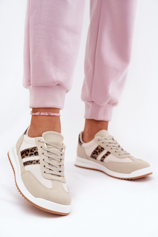 Sneakers modeļa apavi Sievišķīgs Z no eko zamšādasu ar leoparda kažokādas rakstu smilšu krāsas Marinils