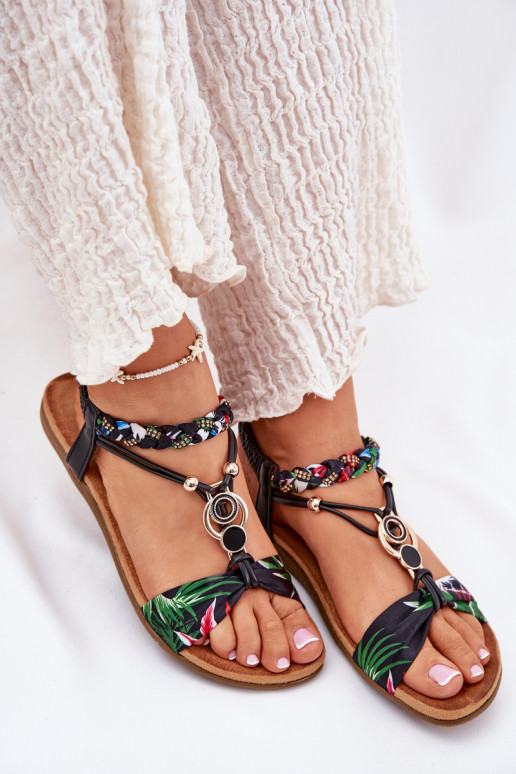 Melnas sieviešu plakanās sandales ar pinumiem un dekorācijām, Artiker 56C1318