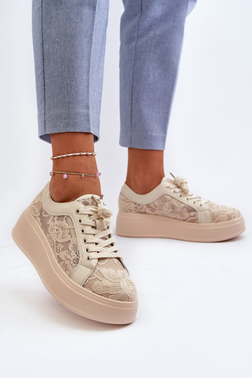 Sieviešu sneakers tipa apavi ar mežģīņu motīviem uz platformas, smilšu krāsā
