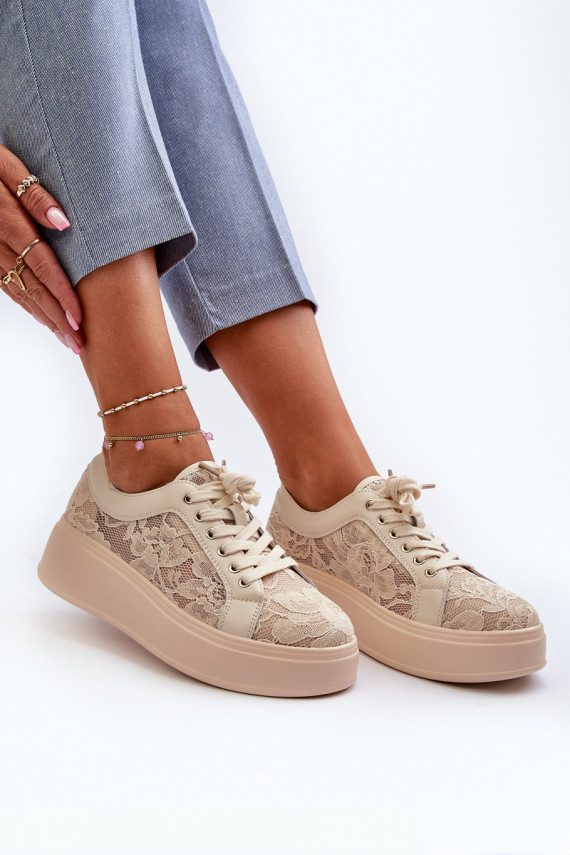 Sieviešu sneakers tipa apavi ar mežģīņu motīviem uz platformas, smilšu krāsā