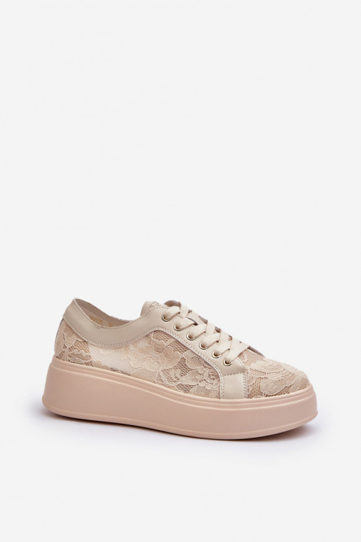 Sieviešu sneakers tipa apavi ar mežģīņu motīviem uz platformas, smilšu krāsā