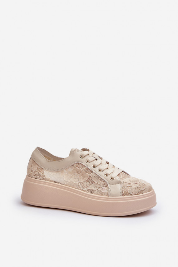 Sieviešu sneakers tipa apavi ar mežģīņu motīviem uz platformas, smilšu krāsā