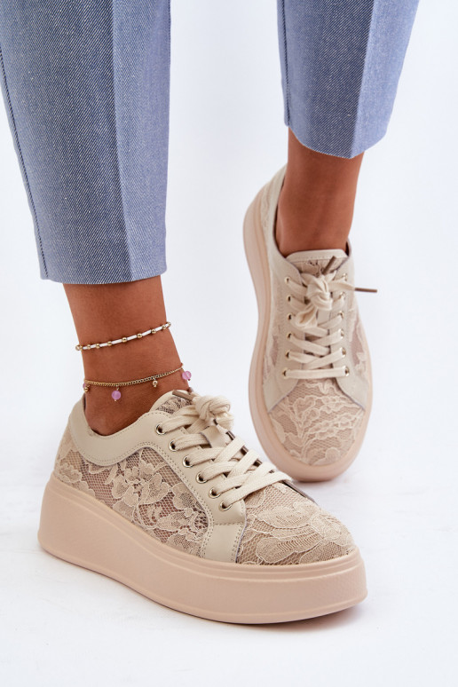 Sieviešu sneakers tipa apavi ar mežģīņu motīviem uz platformas, smilšu krāsā