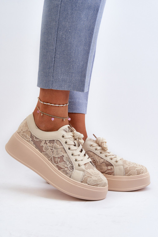 Sieviešu sneakers tipa apavi ar mežģīņu motīviem uz platformas, smilšu krāsā