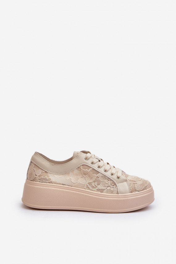 Sieviešu sneakers tipa apavi ar mežģīņu motīviem uz platformas, smilšu krāsā