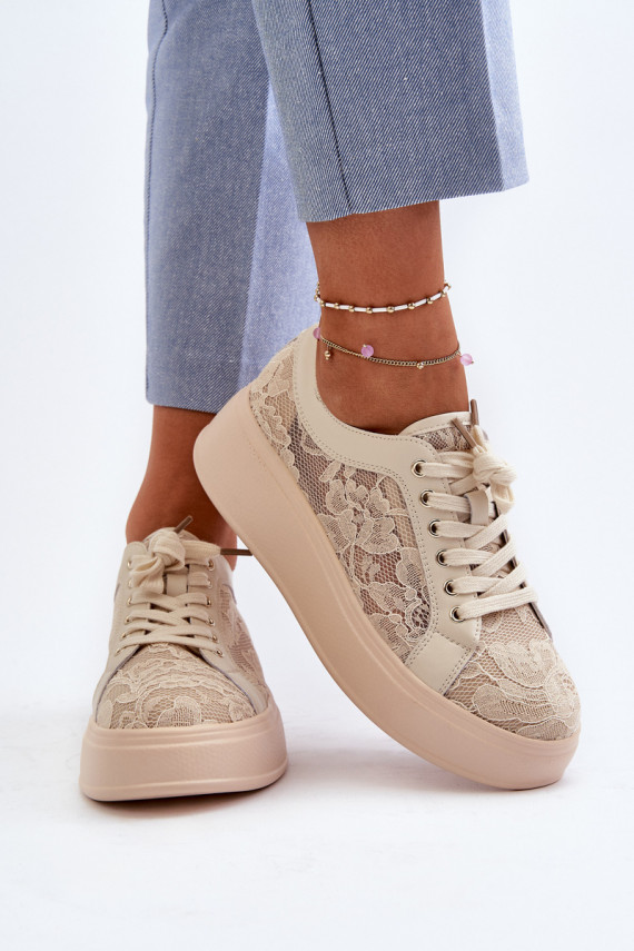 Sieviešu sneakers tipa apavi ar mežģīņu motīviem uz platformas, smilšu krāsā
