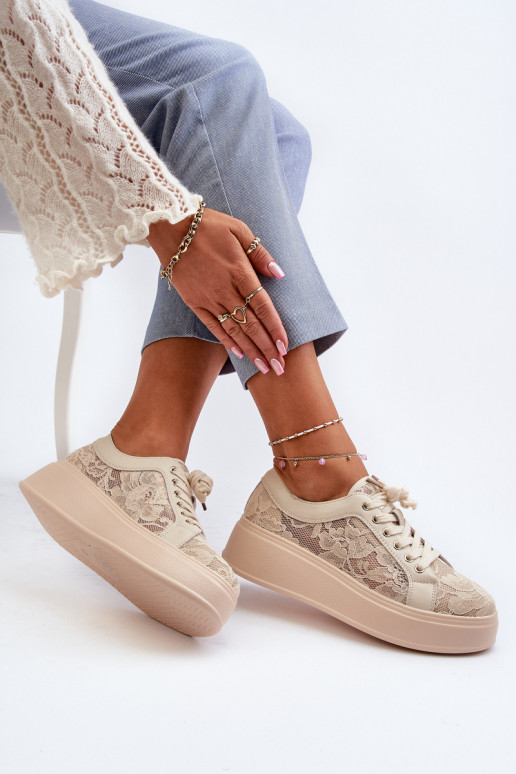 Sieviešu sneakers tipa apavi ar mežģīņu motīviem uz platformas, smilšu krāsā