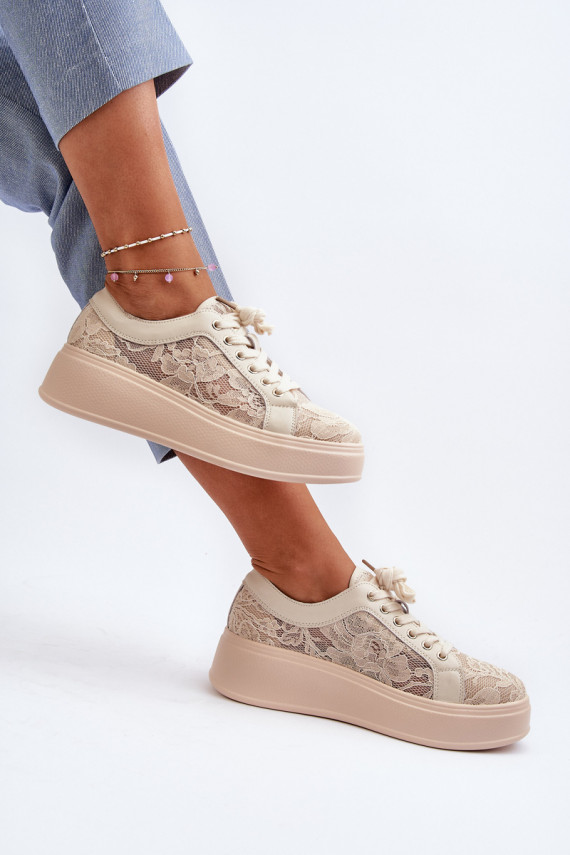 Sieviešu sneakers tipa apavi ar mežģīņu motīviem uz platformas, smilšu krāsā