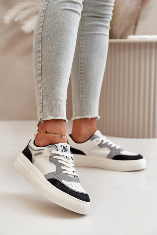 Sieviešu zemais Sneakers modeļa apavi no eko ādas Big Star OO274028 Baltas-Pelēkas krāsas
