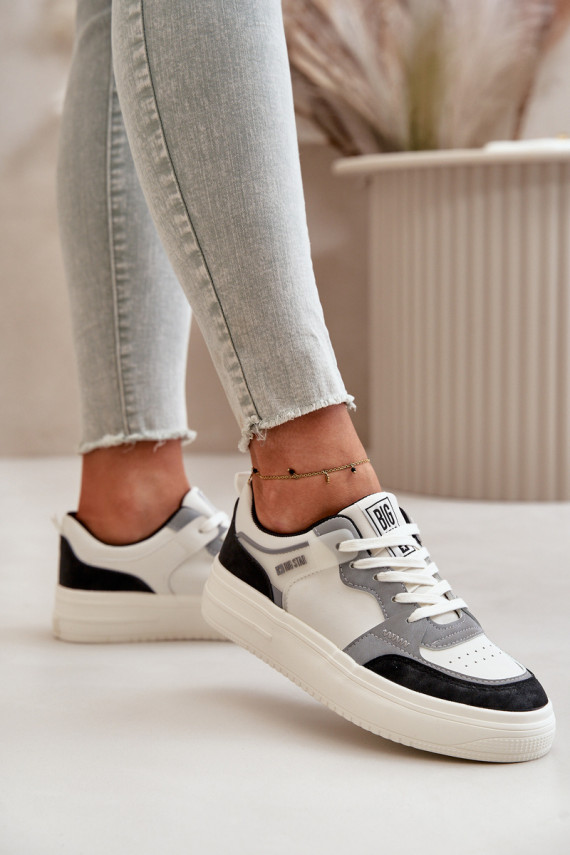 Sieviešu zemais Sneakers modeļa apavi no eko ādas Big Star OO274028 Baltas-Pelēkas krāsas