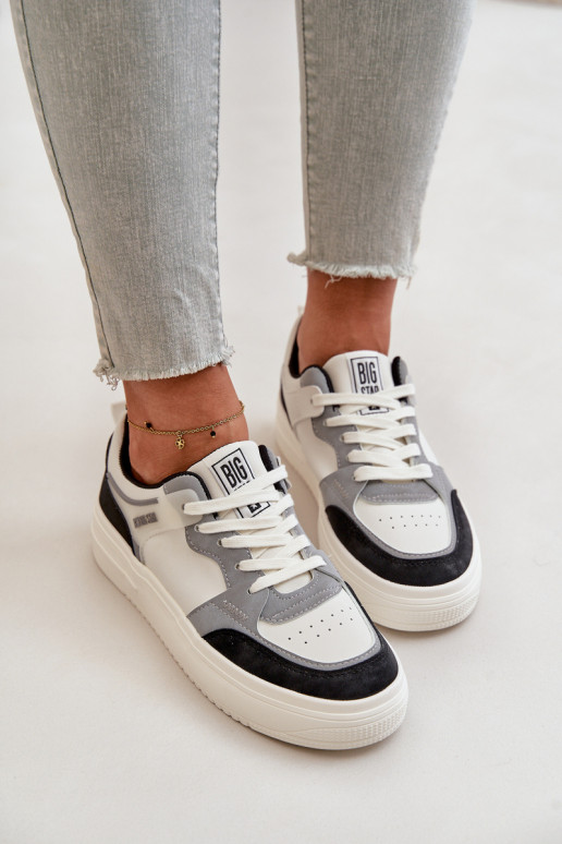 Sieviešu zemais Sneakers modeļa apavi no eko ādas Big Star OO274028 Baltas-Pelēkas krāsas