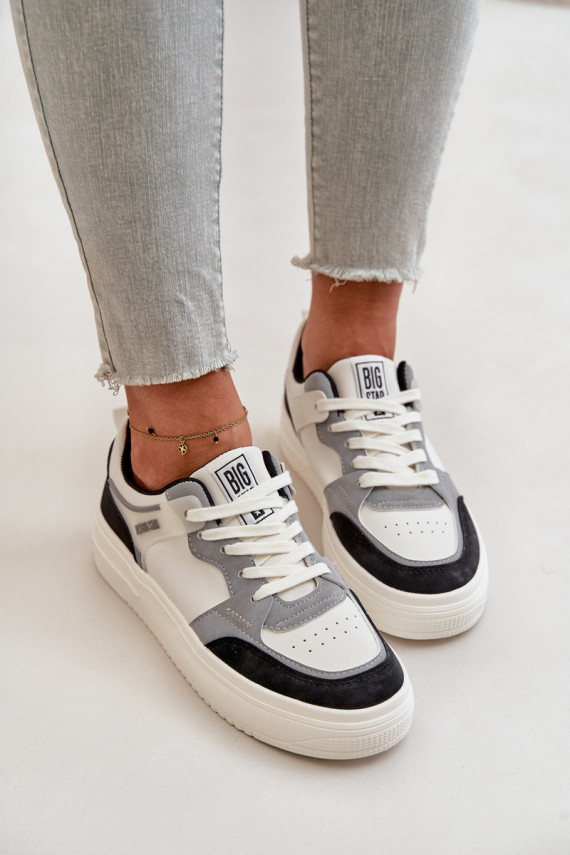 Sieviešu zemais Sneakers modeļa apavi no eko ādas Big Star OO274028 Baltas-Pelēkas krāsas