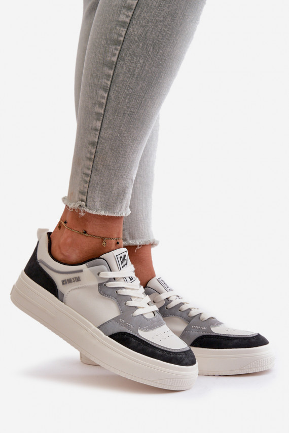 Sieviešu zemais Sneakers modeļa apavi no eko ādas Big Star OO274028 Baltas-Pelēkas krāsas