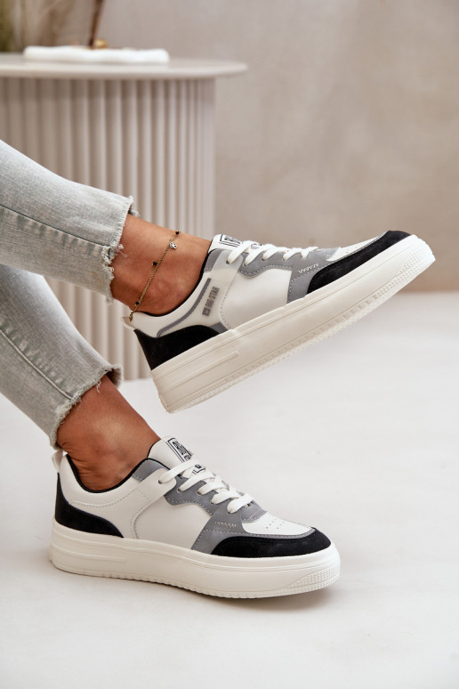 Sieviešu zemais Sneakers modeļa apavi no eko ādas Big Star OO274028 Baltas-Pelēkas krāsas