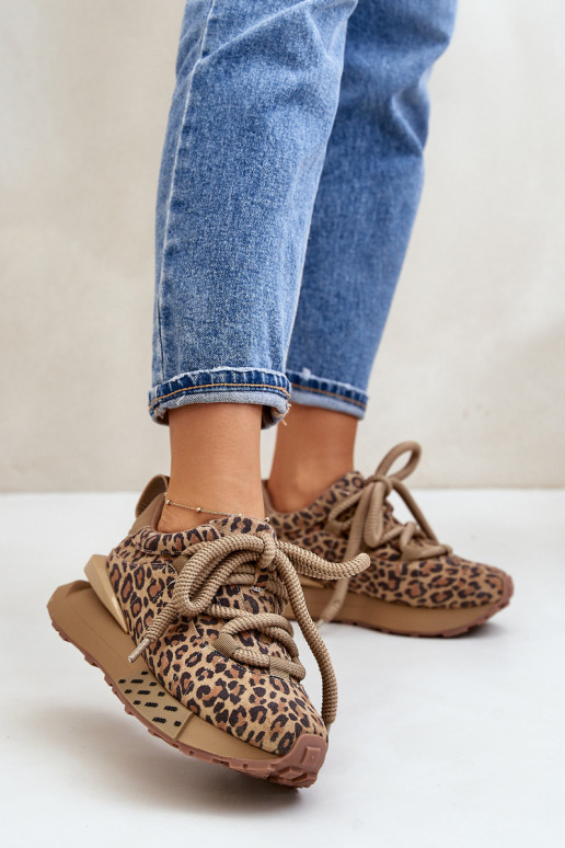 zamšādas Sneakers modeļa apavi Sievišķīgs ar platformu Z Grubym Sašņorēšanam ar leoparda kažokādas rakstu Artiker 55C0135 brūnas