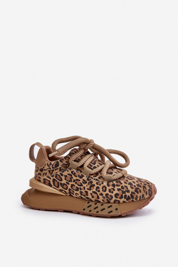 zamšādas Sneakers modeļa apavi Sievišķīgs ar platformu Z Grubym Sašņorēšanam ar leoparda kažokādas rakstu Artiker 55C0135 brūnas
