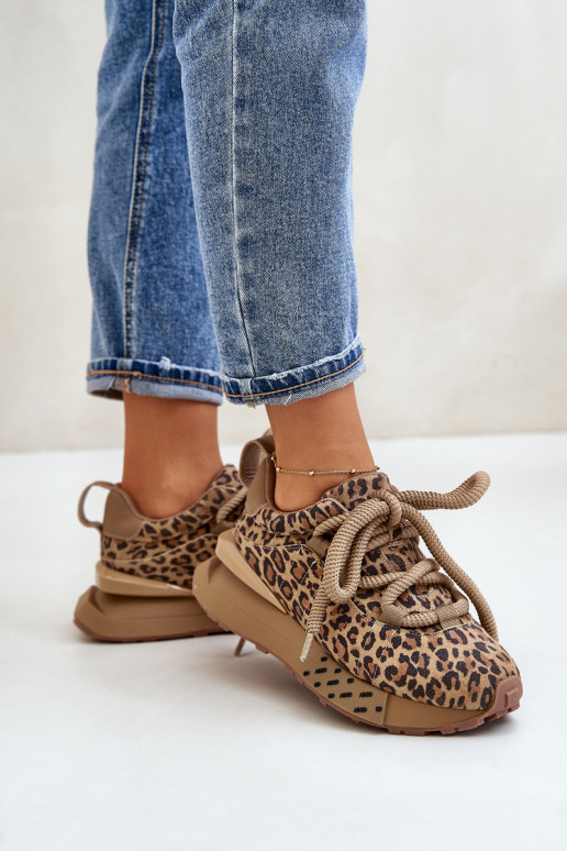zamšādas Sneakers modeļa apavi Sievišķīgs ar platformu Z Grubym Sašņorēšanam ar leoparda kažokādas rakstu Artiker 55C0135 brūnas