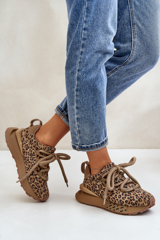 zamšādas Sneakers modeļa apavi Sievišķīgs ar platformu Z Grubym Sašņorēšanam ar leoparda kažokādas rakstu Artiker 55C0135 brūnas