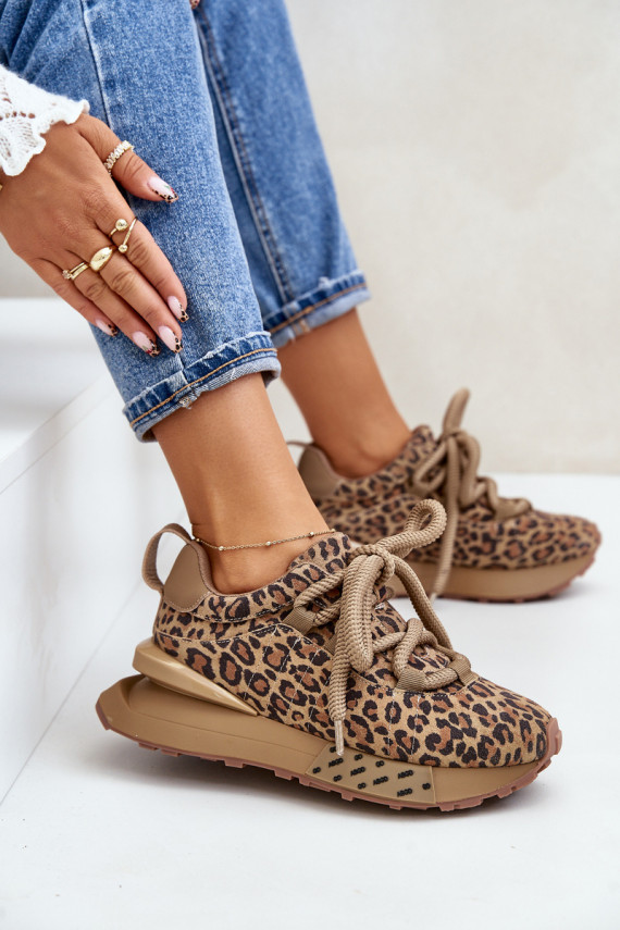 zamšādas Sneakers modeļa apavi Sievišķīgs ar platformu Z Grubym Sašņorēšanam ar leoparda kažokādas rakstu Artiker 55C0135 brūnas