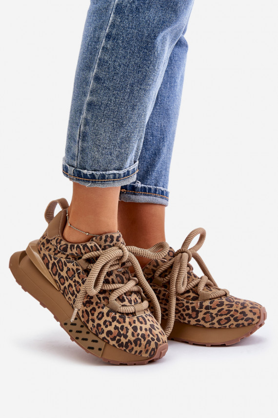 zamšādas Sneakers modeļa apavi Sievišķīgs ar platformu Z Grubym Sašņorēšanam ar leoparda kažokādas rakstu Artiker 55C0135 brūnas
