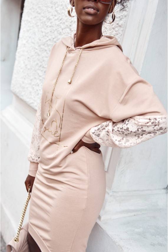 Kokvilnas kleita ar gipura piedurknēm smilškrāsas FI651