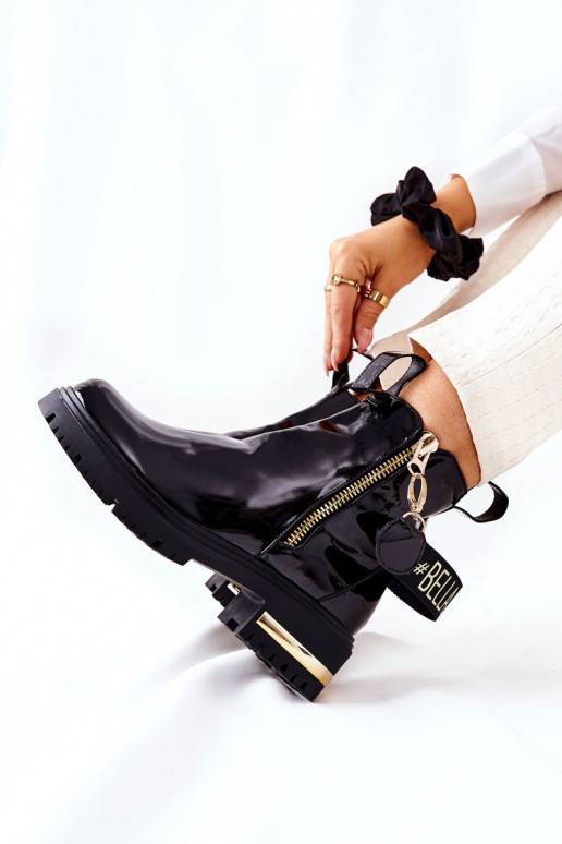 Klasiska modeļa Sieviešu puszābaki Laque ar siksniņām melnas krāsas Lorie