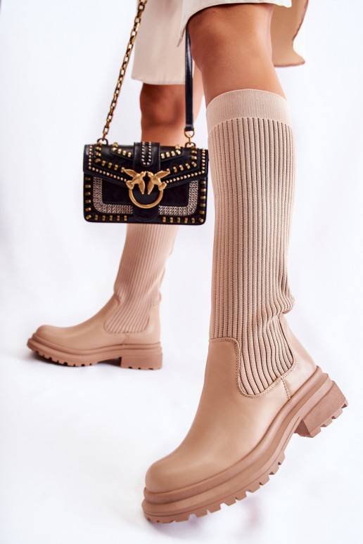 Svītraini apavi   garie zābaki ar platiem papēžiem smilšu krāsas Allys