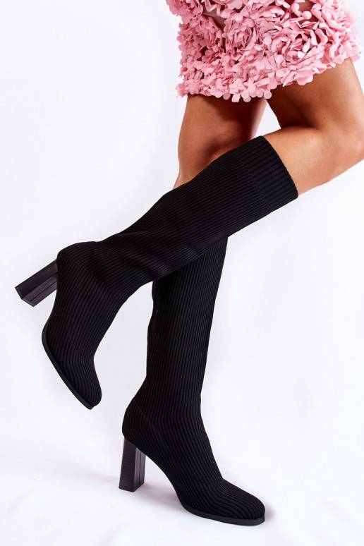 Stilīgasrnas Svītraini apavi garie zābaki ar papēdi melnas krāsas Carros