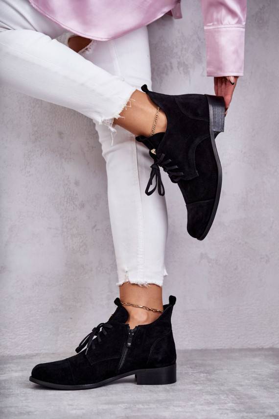 zamšādas Sieviešu puszābaki  šņorējami Nicole 2781 melnas krāsas