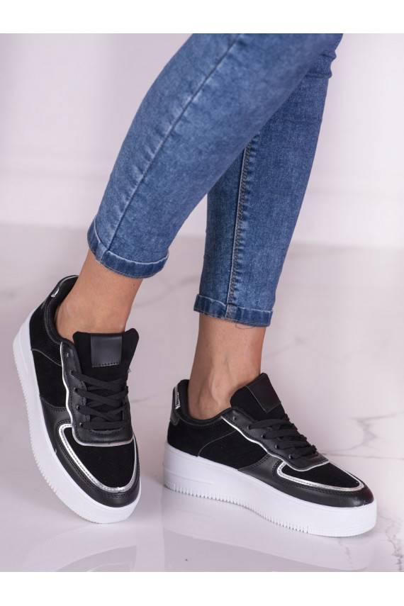 melnas krāsas sznurowane trampki damskie na wysokiej platformie Shelovet