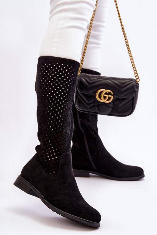   Ažūra zamšādas garie zābaki  melnas krāsas Savannah