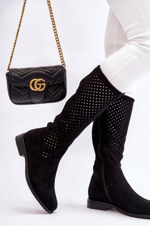   Ažūra zamšādas garie zābaki  melnas krāsas Savannah